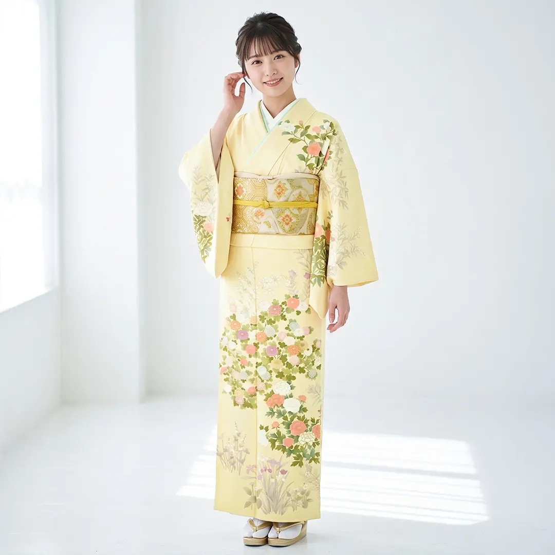 淡黄に四季花の訪問着(袷)／着用イメージ