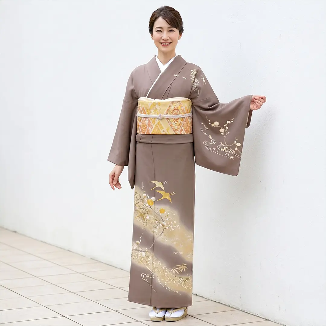 胡桃染（くるみぞめ）色に鶴と梅の訪問着(袷) | 宅配着物レンタルの