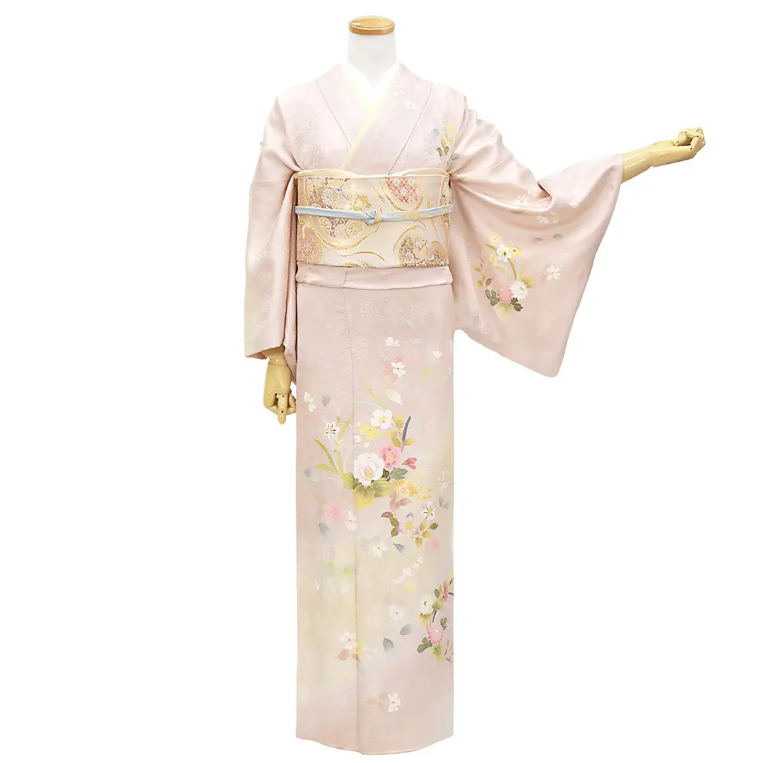 薄桜色に春の花々の付下訪問着（袷） | 宅配着物レンタルの京都かしきもの