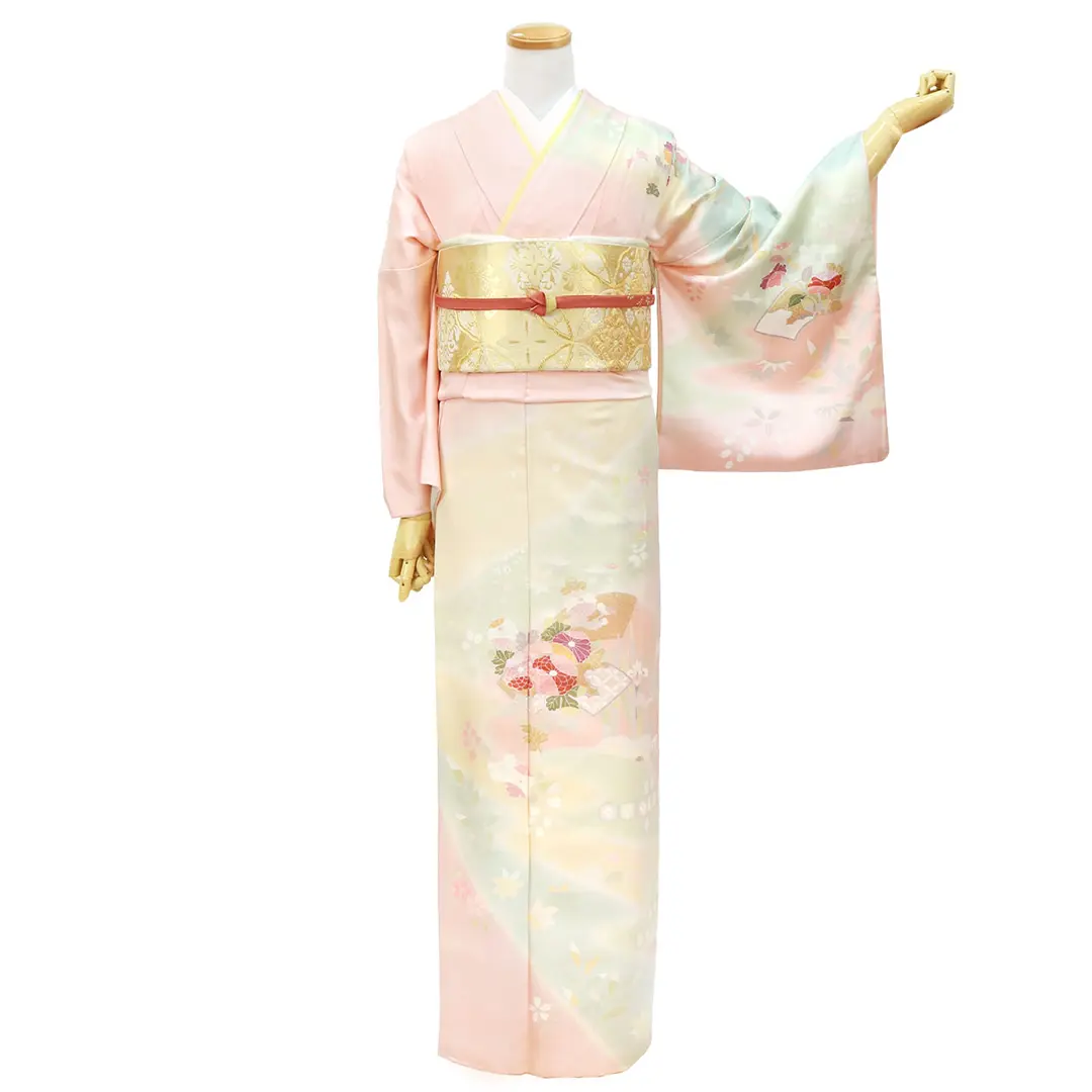 珊瑚色に菊と地紙の訪問着(袷)／正面