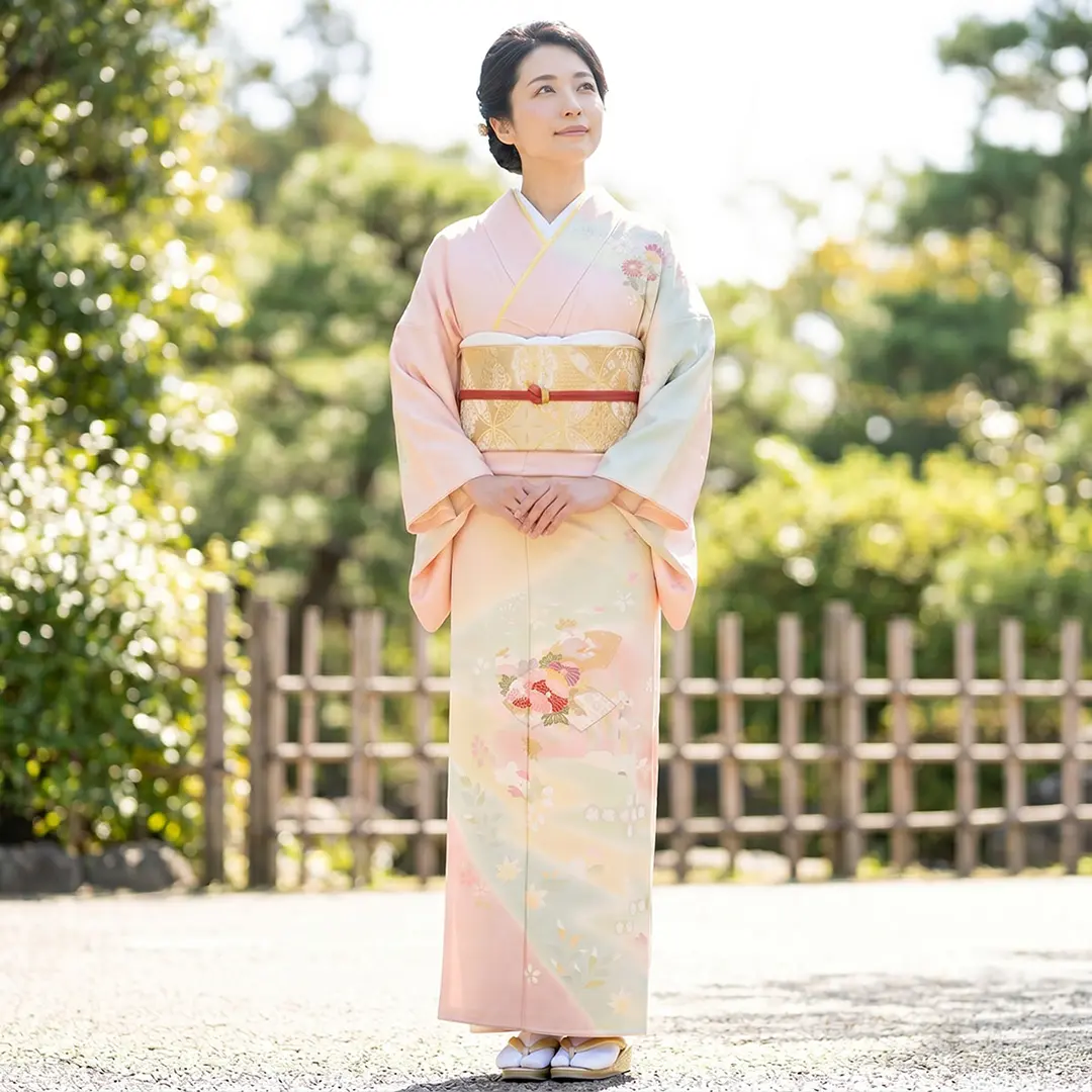珊瑚色に菊と地紙の訪問着(袷)／着用イメージ