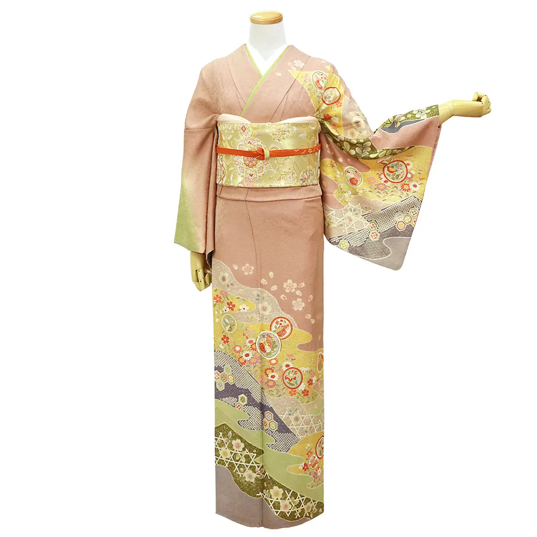 唐茶色に四季花と丸紋の訪問着（袷）