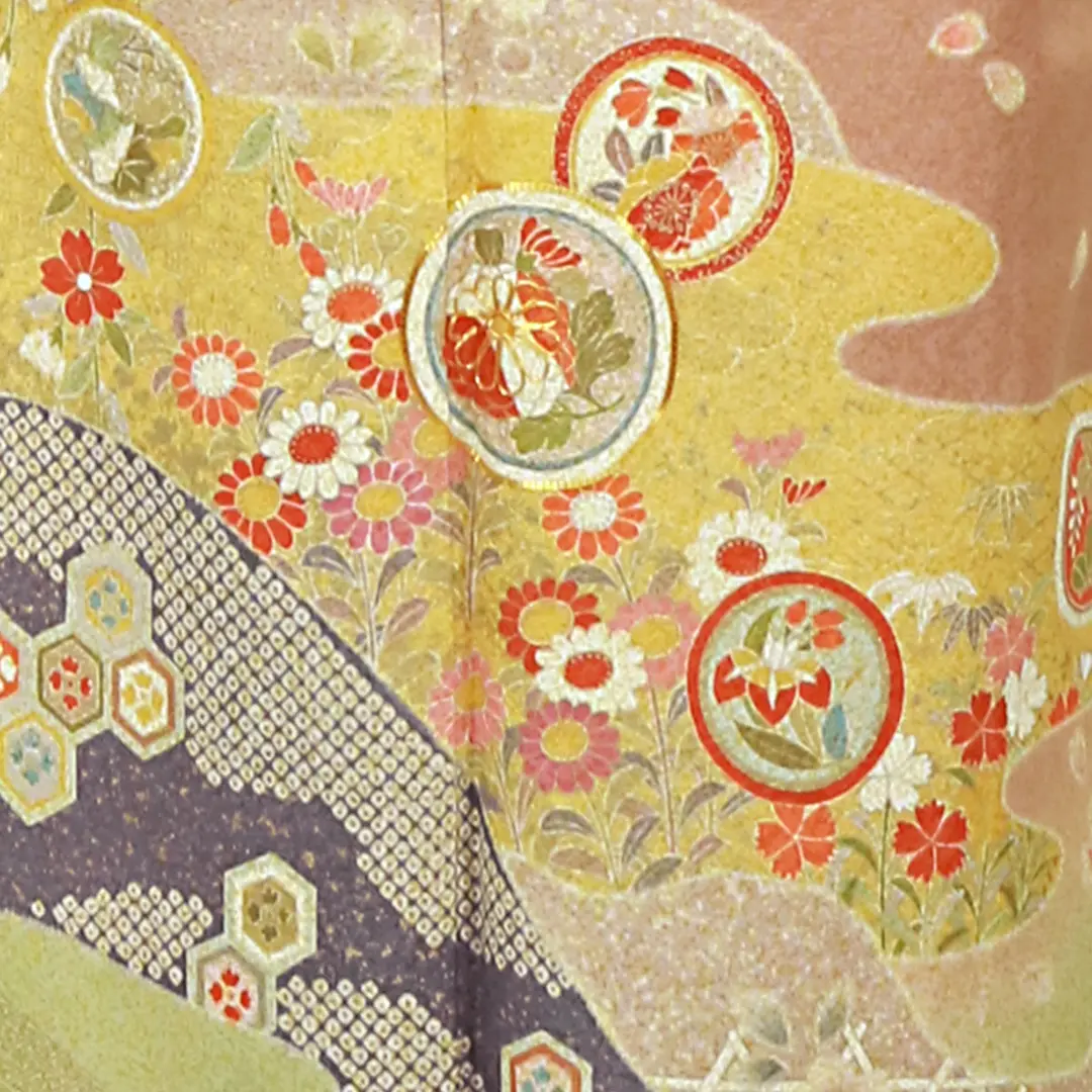 唐茶色に四季花と丸紋の訪問着（袷） | 宅配着物レンタルの京都かしきもの