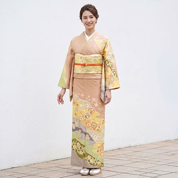 訪問着　フルセット　花丸紋　円満なご縁　華やかな四季草花　162　付け下　L3 唐茶色に四季花と丸紋の訪問着（袷） | 宅配着物レンタルの京都かしきもの