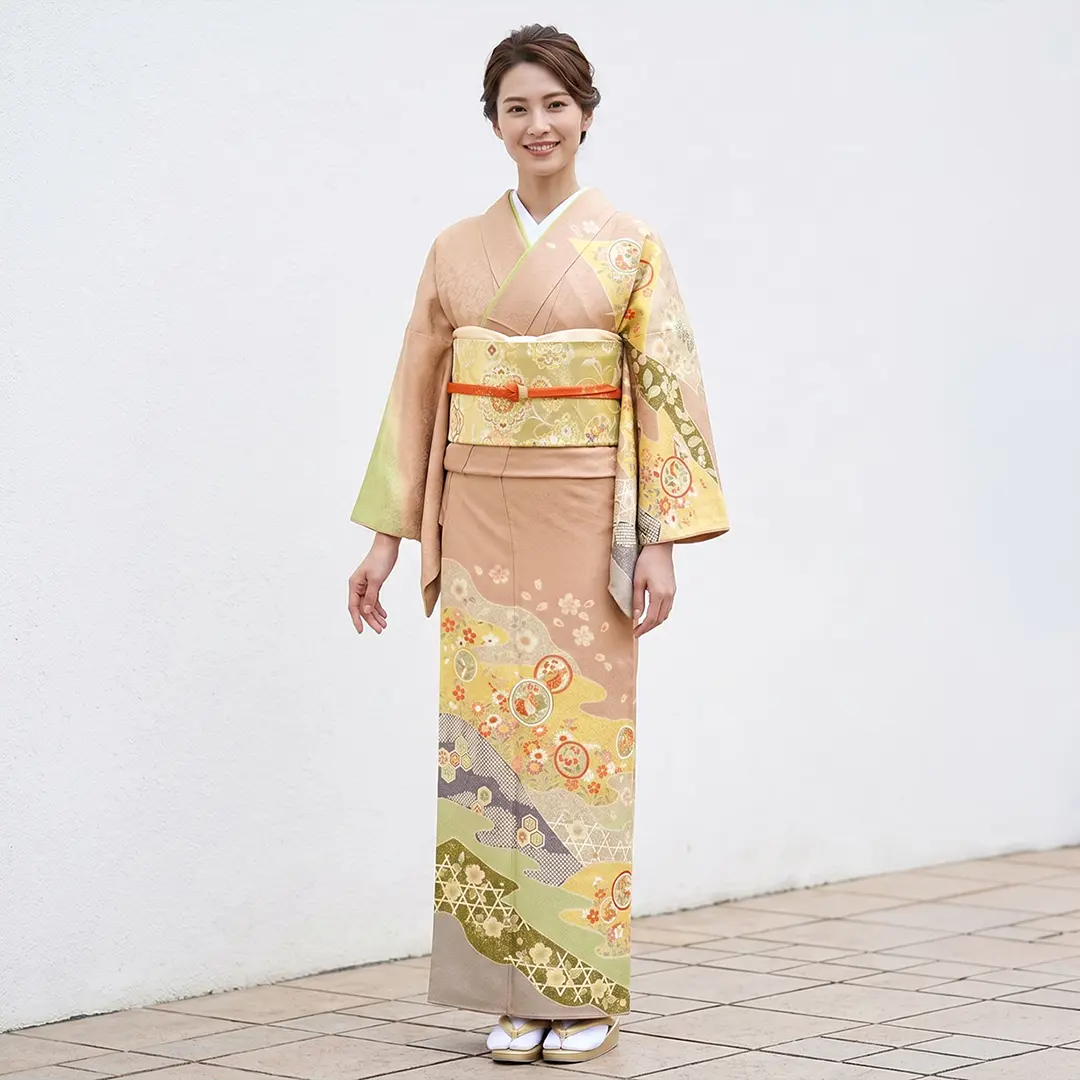 唐茶色に四季花と丸紋の訪問着（袷）