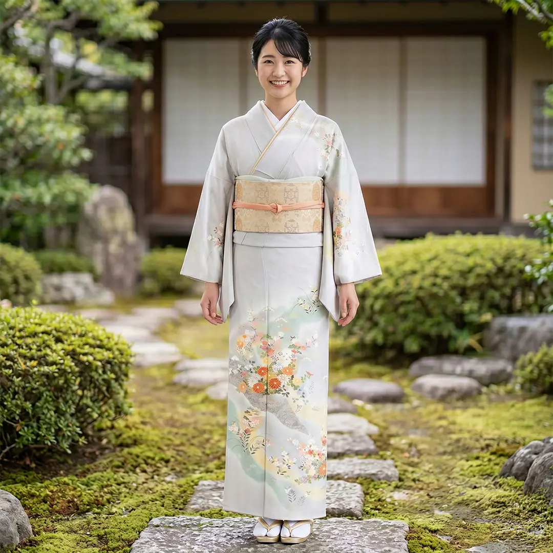白花（しらはな）色に四季花の付下訪問着（袷）／着用イメージ