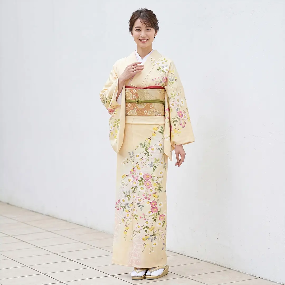 【人気】淡黄蘗（うすきはだ）に春の木花（このはな）の訪問着(袷)／着用イメージ