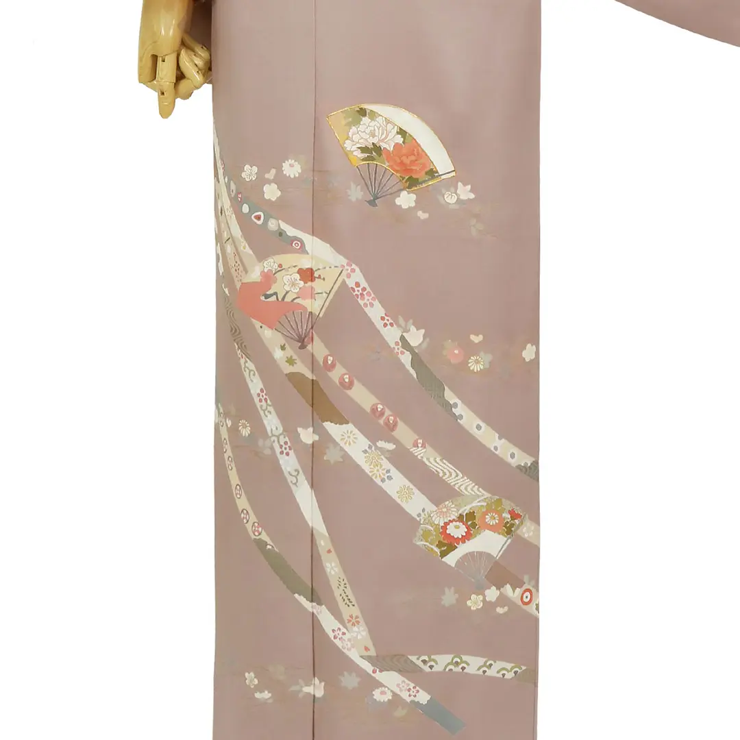 桜鼠（さくらねず）に花扇の訪問着（袷）／裾