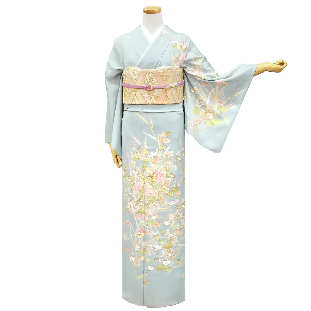 水色地に菊と草花の訪問着（袷） | 宅配着物レンタルの京都かしきもの