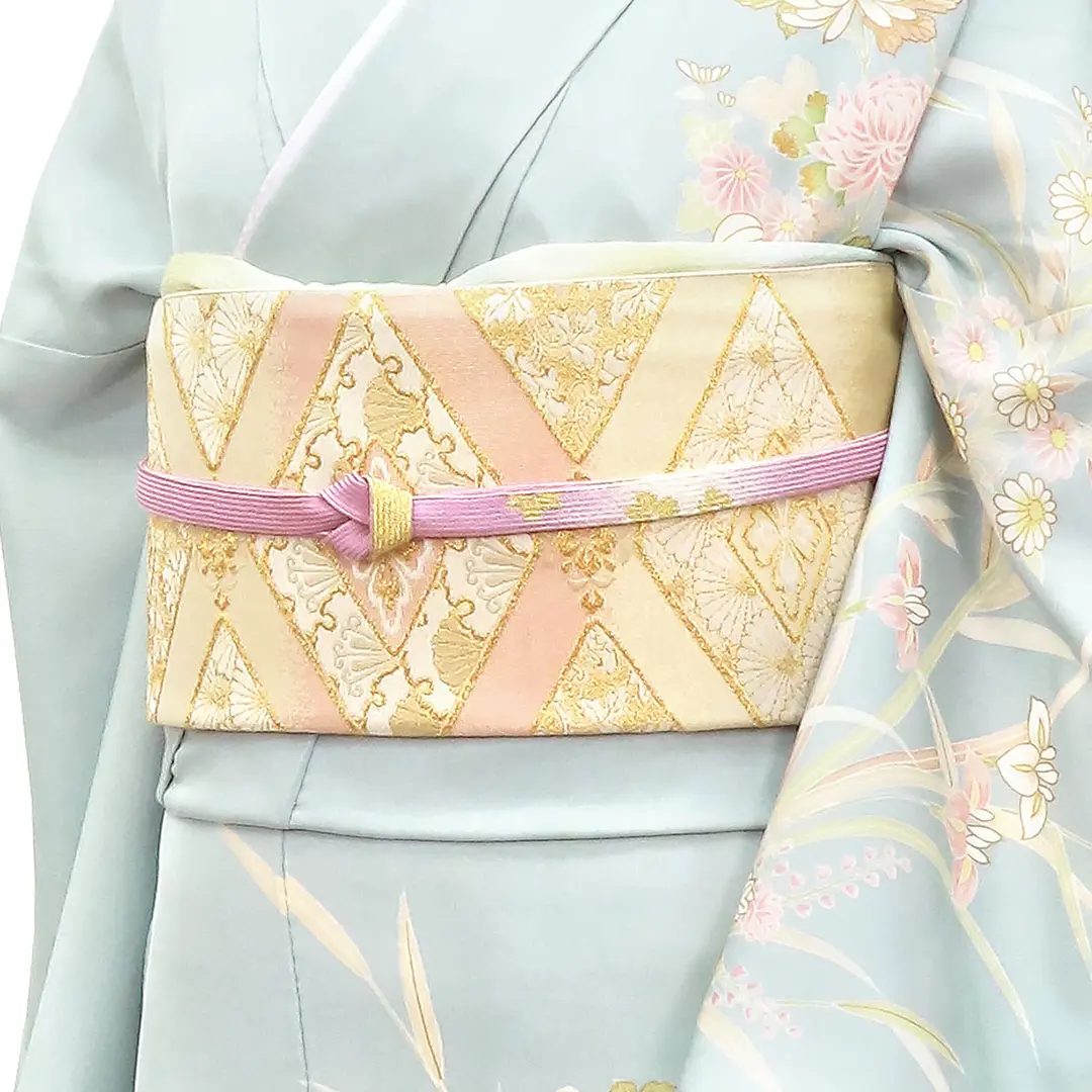 上品な地色扇面に花々訪問着セット　正絹 袷　きもの・帯・帯締め・帯揚げ H.L（アッシュ・エル） 訪問着 5点セット 洗える サーモンピンク地
