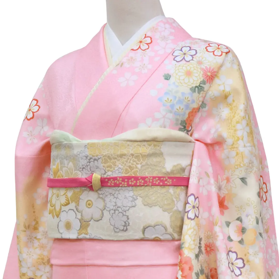 ピンク地に流水と牡丹の訪問着（袷）（ポリエステル） | 宅配着物