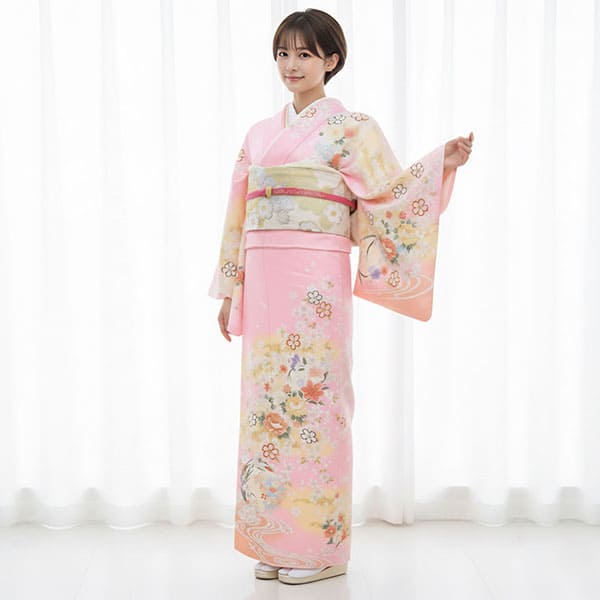 ピンク地に流水と牡丹の訪問着（袷）（ポリエステル） | 宅配着物