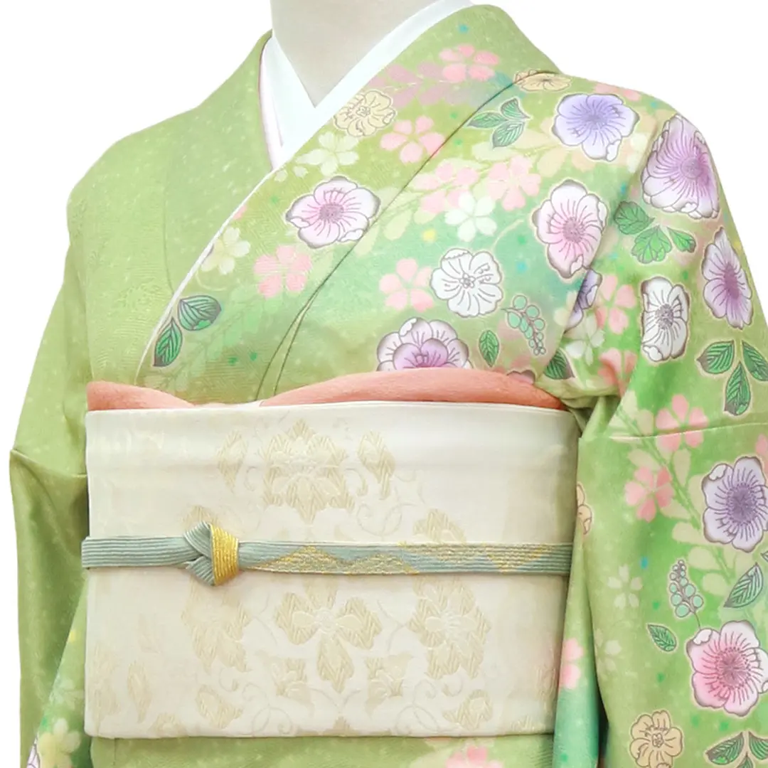 緑地に辻が花調の訪問着（袷）（ポリエステル） | 宅配着物レンタルの