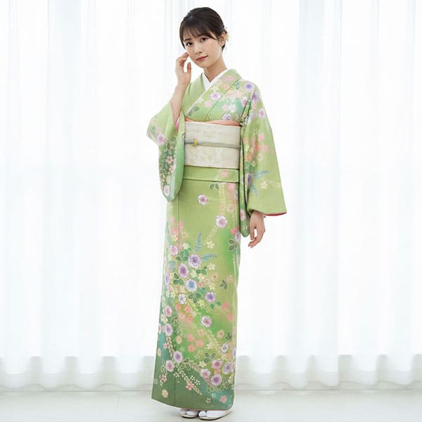 緑地に辻が花調の訪問着（袷）（ポリエステル） | 宅配着物レンタルの