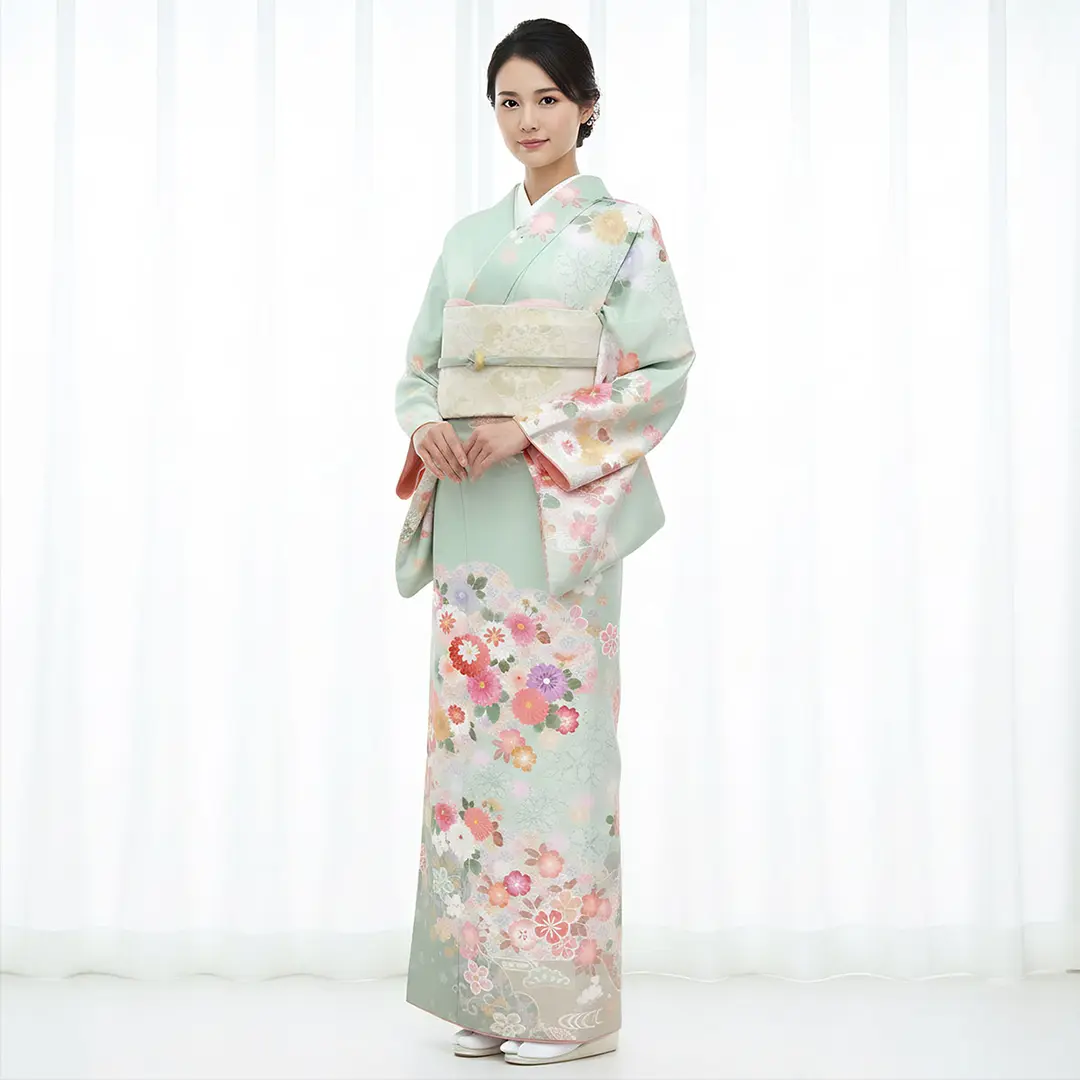 薄緑に雲取、流水とむじな菊の訪問着（袷）（ポリエステル）／着用イメージ