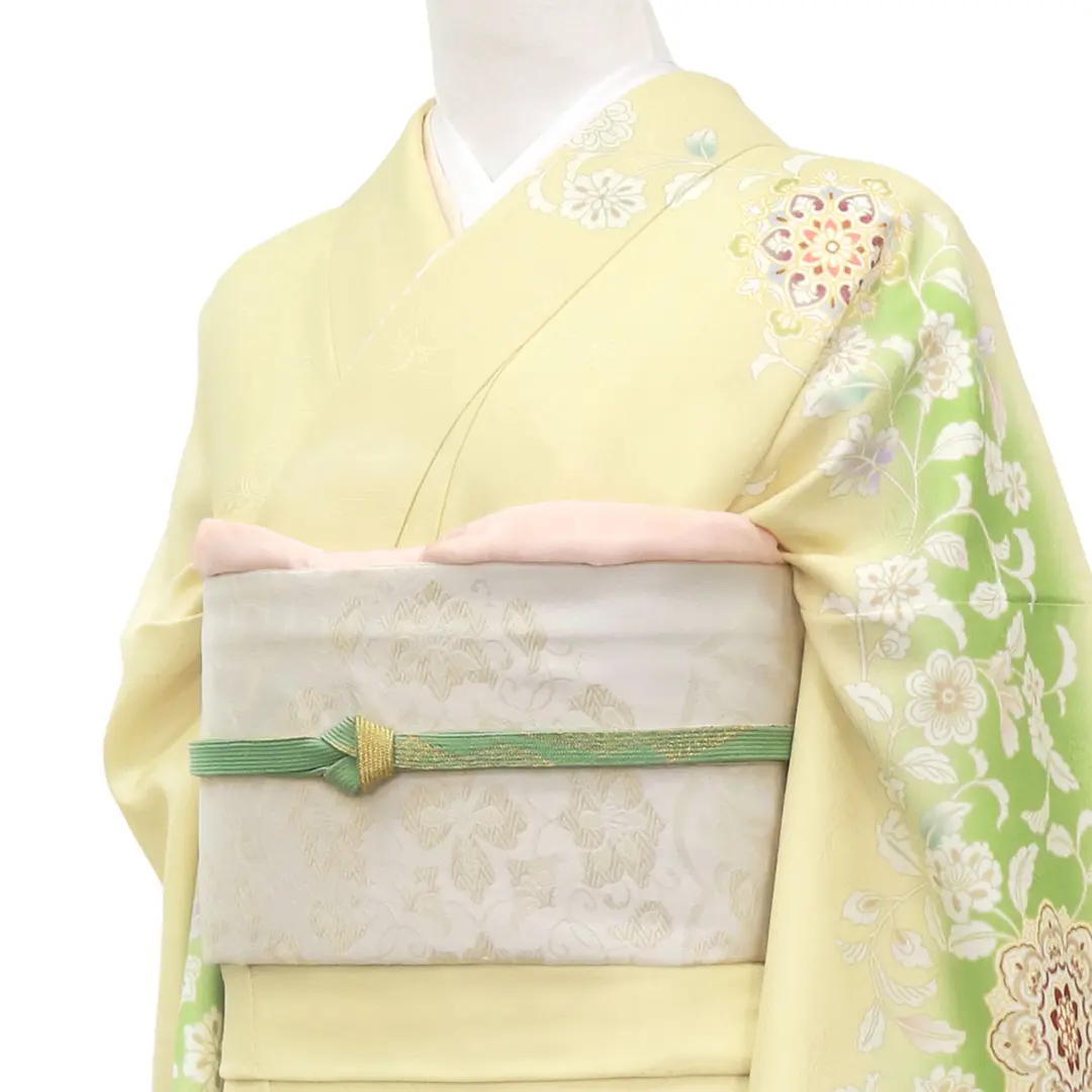 黄色地に宝相華の訪問着（袷）（ポリエステル） | 宅配着物レンタルの