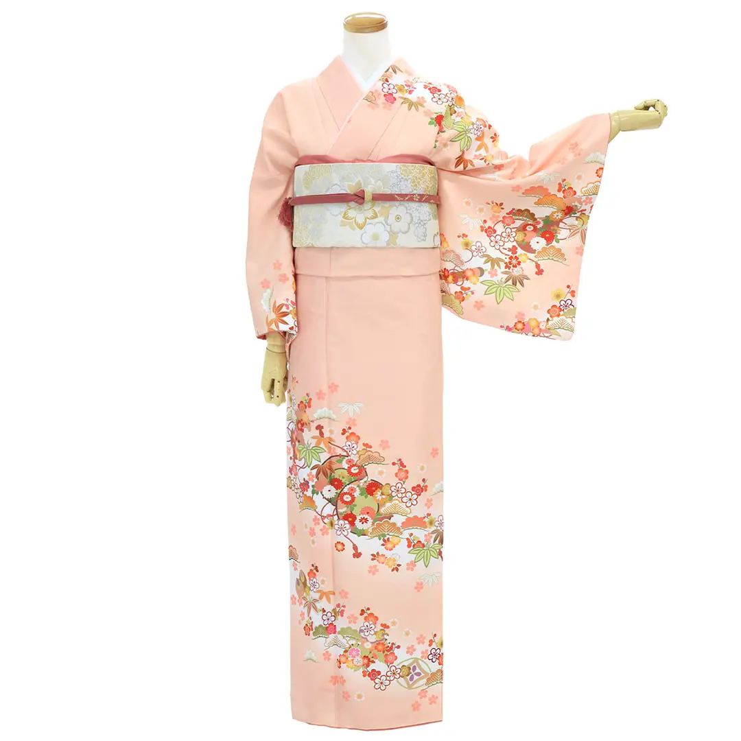 美品　正絹袷　ちりめん　梅柄　訪問着単品 楽天市場】訪問着 セット 購入 渋グレー地宝尽くし松竹梅 5点セット