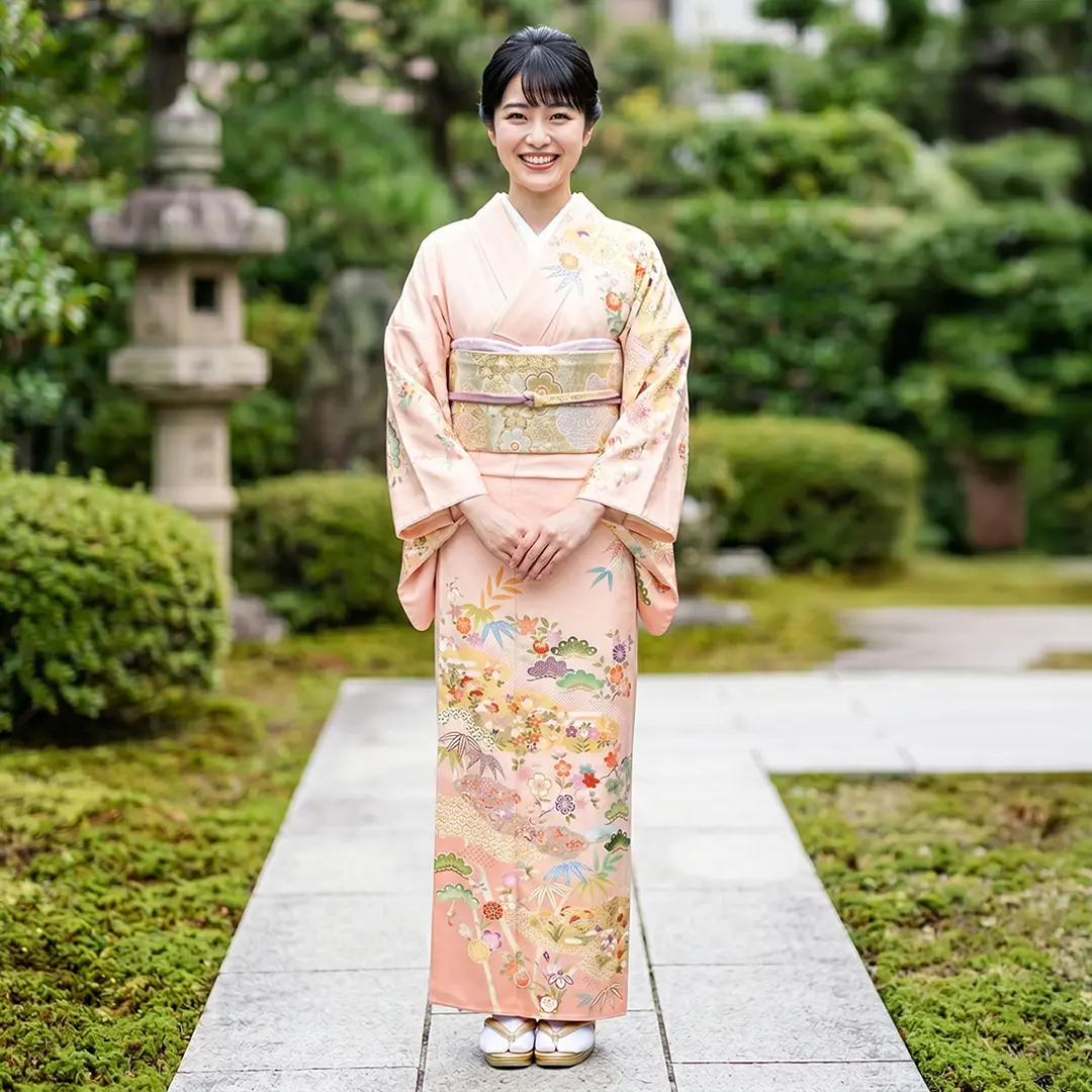 ピンクに雲取と四季花の訪問着（袷）（ポリエステル）／着用イメージ