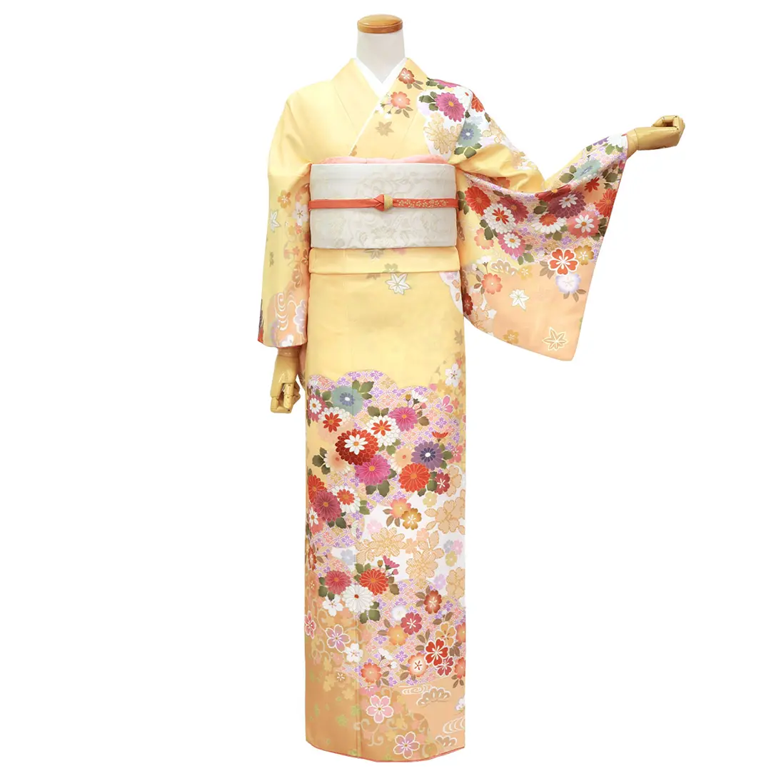 黄色地に七宝と菊の訪問着（袷）（ポリエステル）／正面