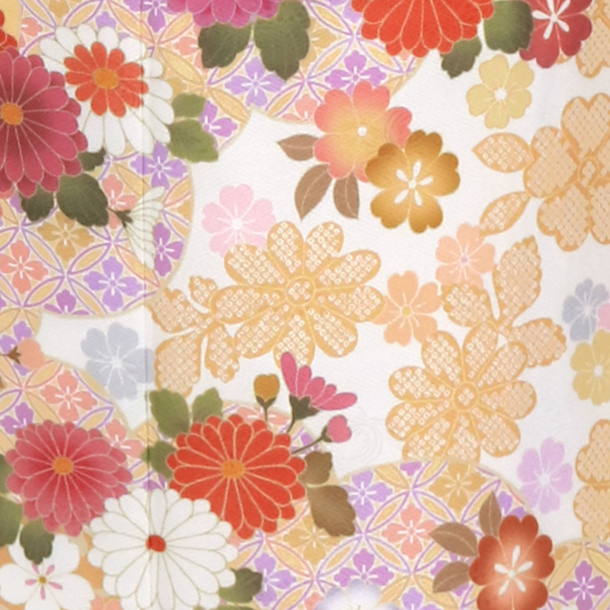 黄色地に七宝と菊の訪問着（袷）（ポリエステル）