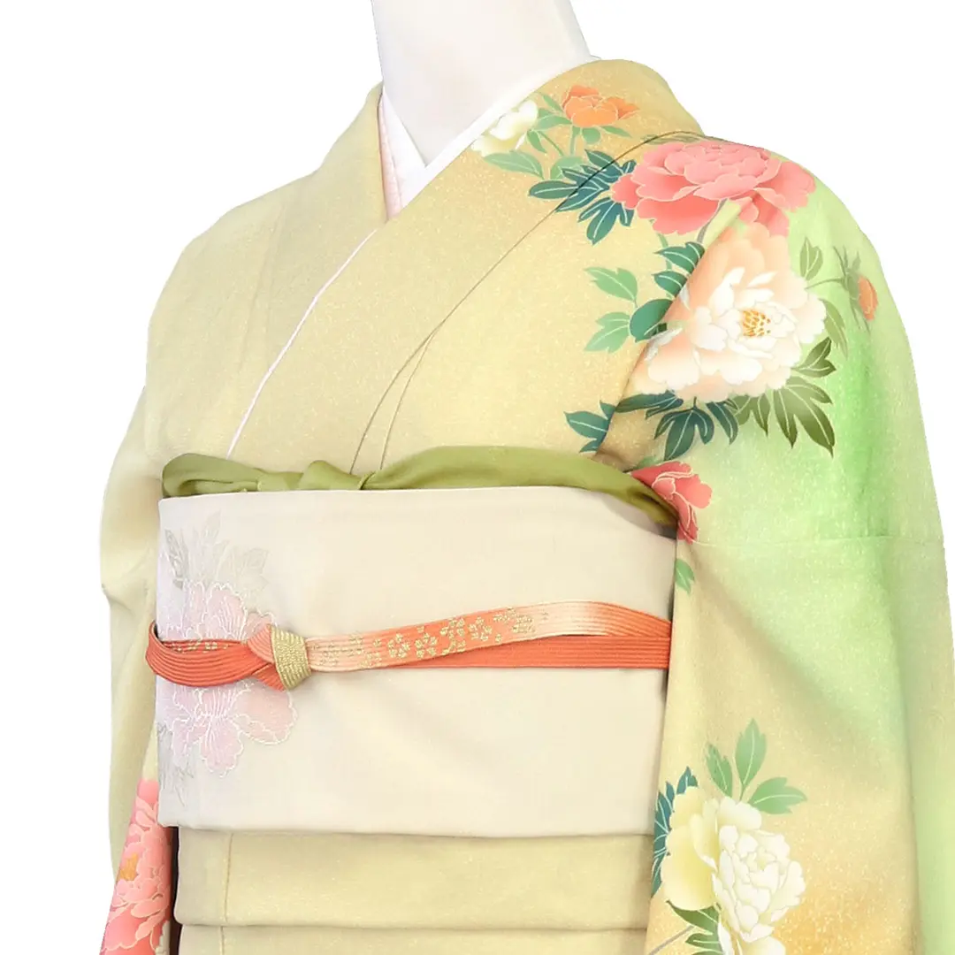 黄色地に牡丹の訪問着（袷）（ポリエステル）| 宅配着物レンタルの京都