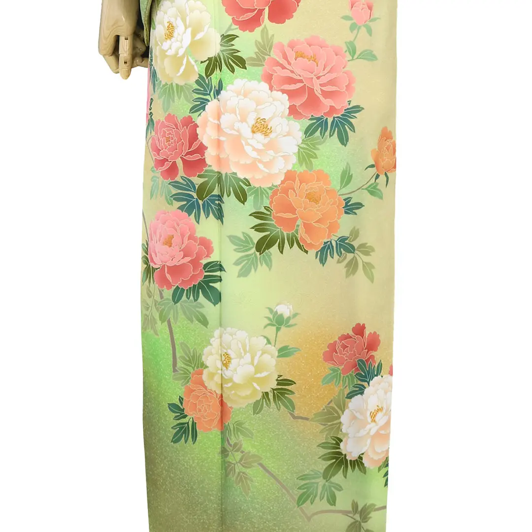 牡丹訪問着 黄色地に牡丹の訪問着（袷）（ポリエステル）| 宅配着物レンタルの京都