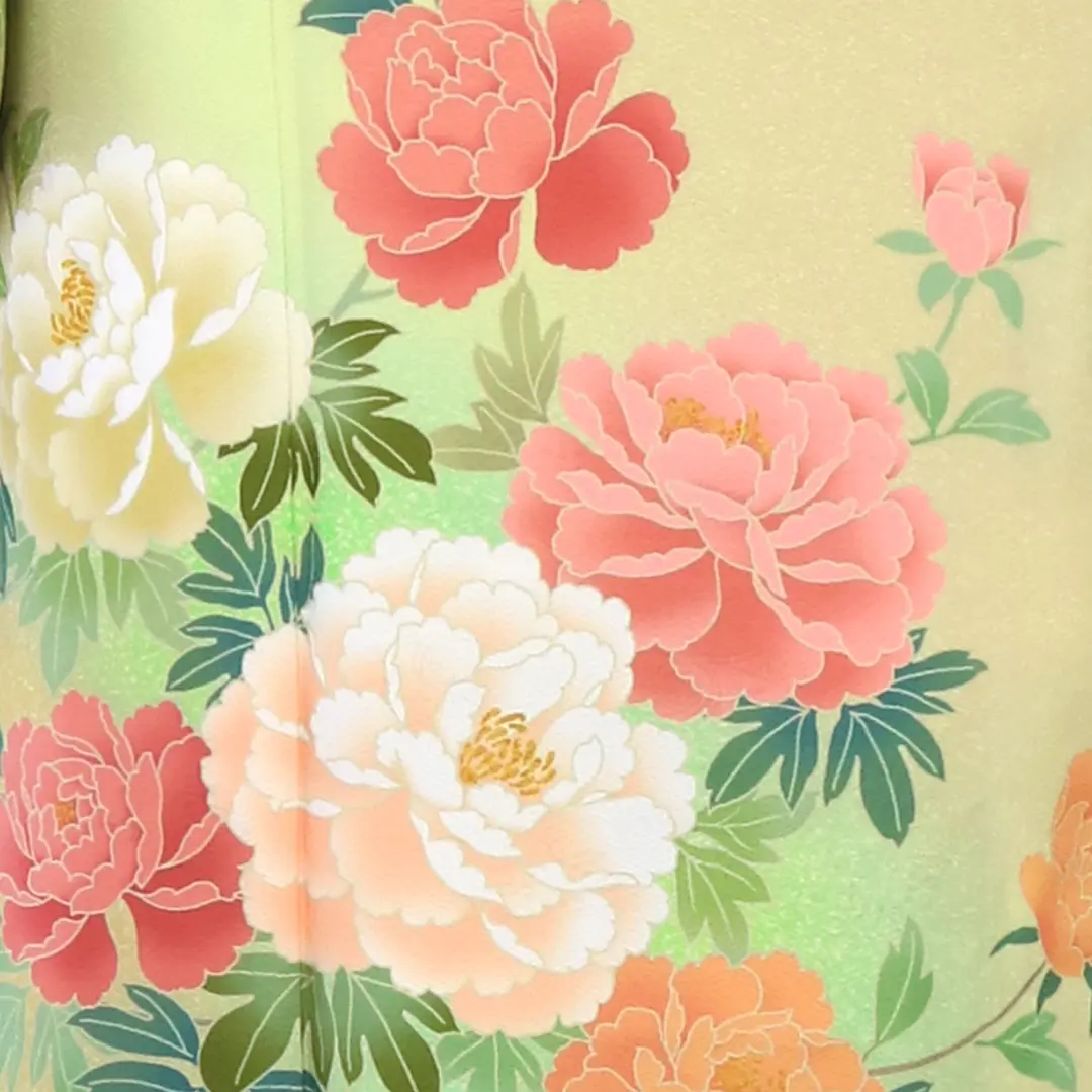 黄色地に牡丹の訪問着（袷）（ポリエステル）| 宅配着物レンタルの京都