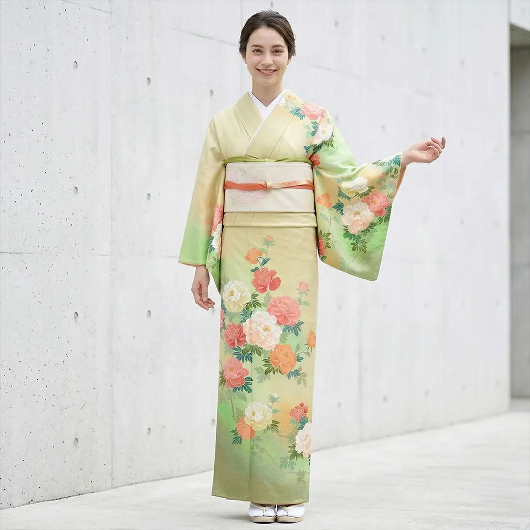 着物　紬　袷　リーフ　黄緑 着物 黄緑 JAPAN MODE 葉 植物 袷 洗える着物 仕立て上がり TEIJIN
