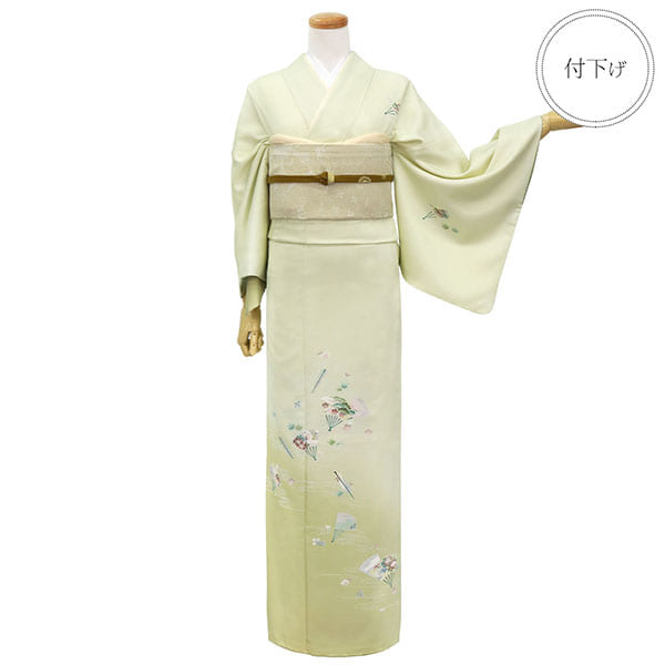 淡い黄緑地に花扇と紅葉の付下訪問着（袷）（ポリエステル） | 宅配