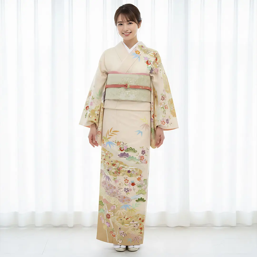 薄ピンクに百花の訪問着（袷）（ポリエステル） | 宅配着物レンタルの