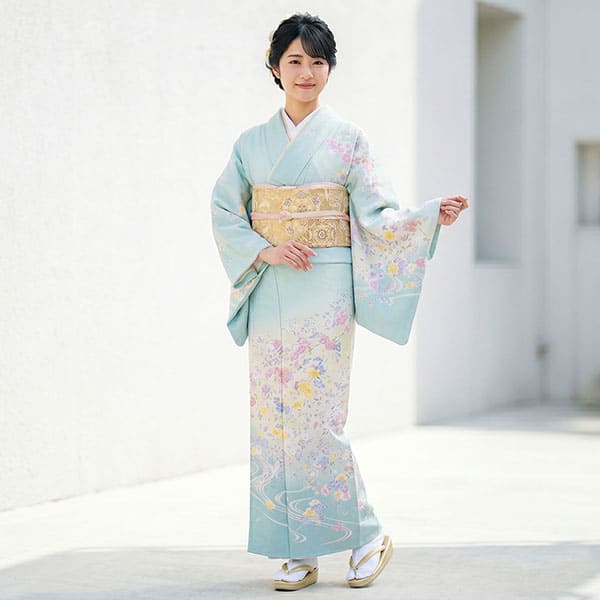 正絹　訪問着　流水に松桜紅葉花　袷 水色地に桜と流水の訪問着（袷） | 宅配着物レンタルの京都かしきもの
