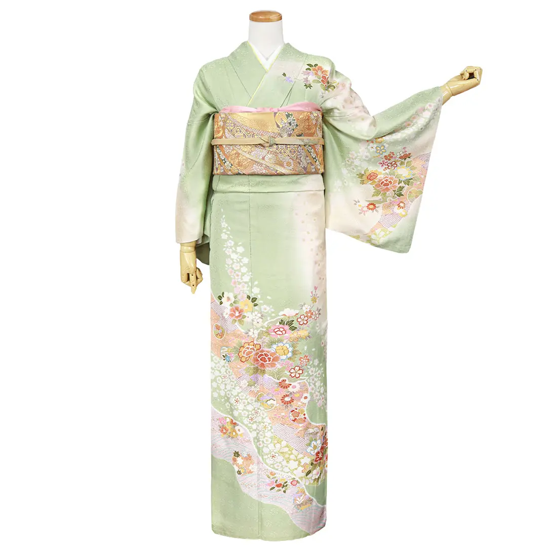 訪問着フルセット、四季の花、グラデーション 鶯色に四季花の訪問着(袷) | 宅配着物レンタルの京都かしきもの