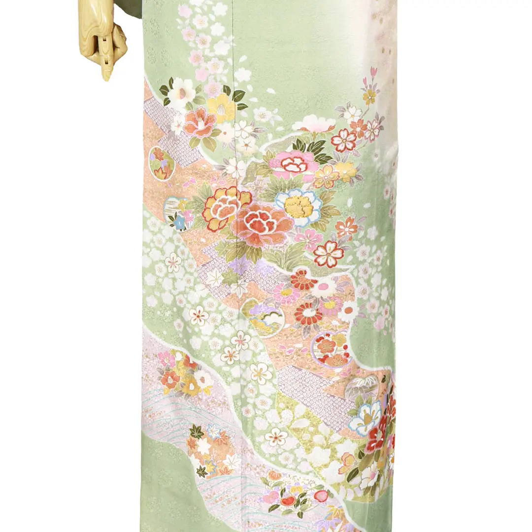鶯色に四季花の訪問着(袷) | 宅配着物レンタルの京都かしきもの