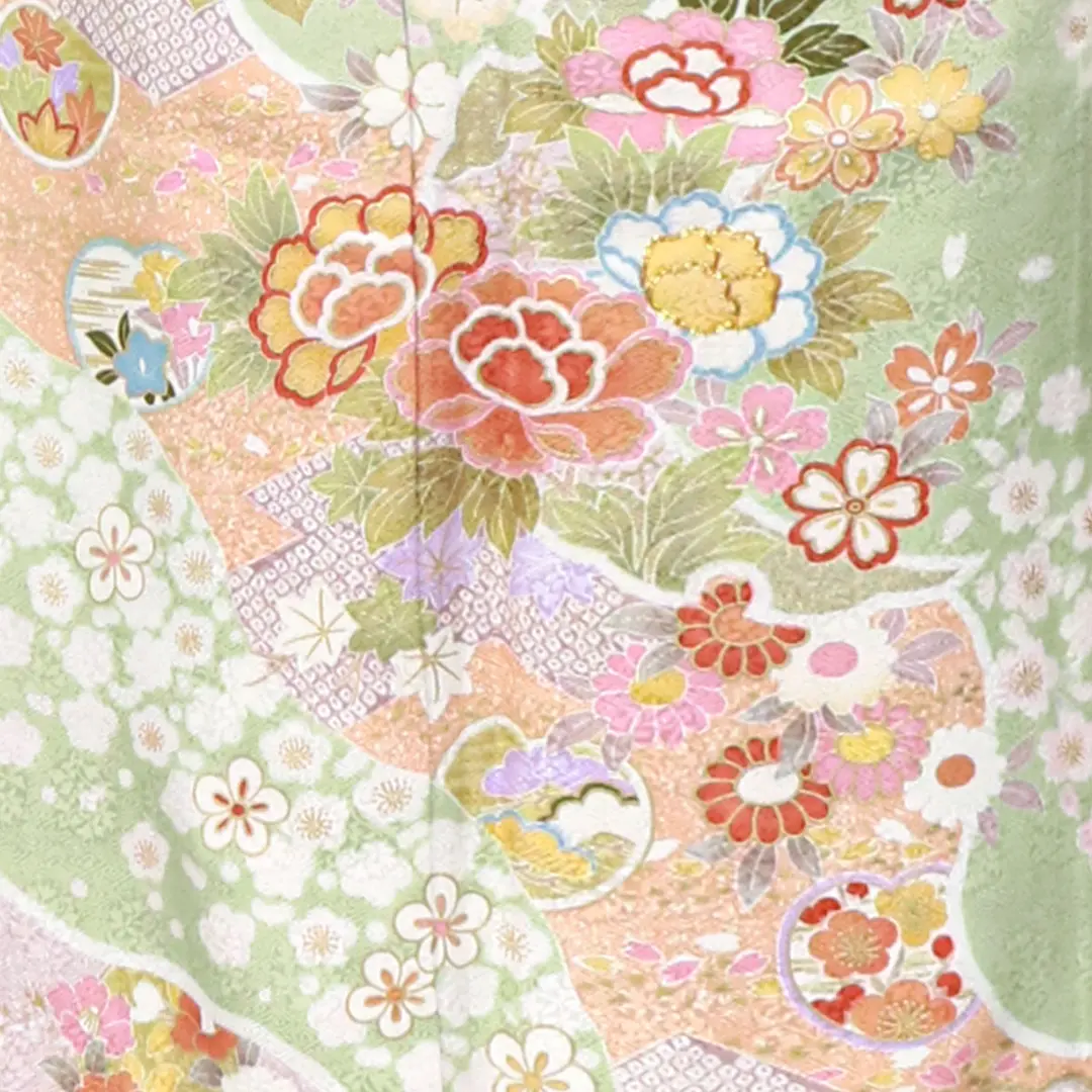 鶯色に四季花の訪問着(袷) | 宅配着物レンタルの京都かしきもの