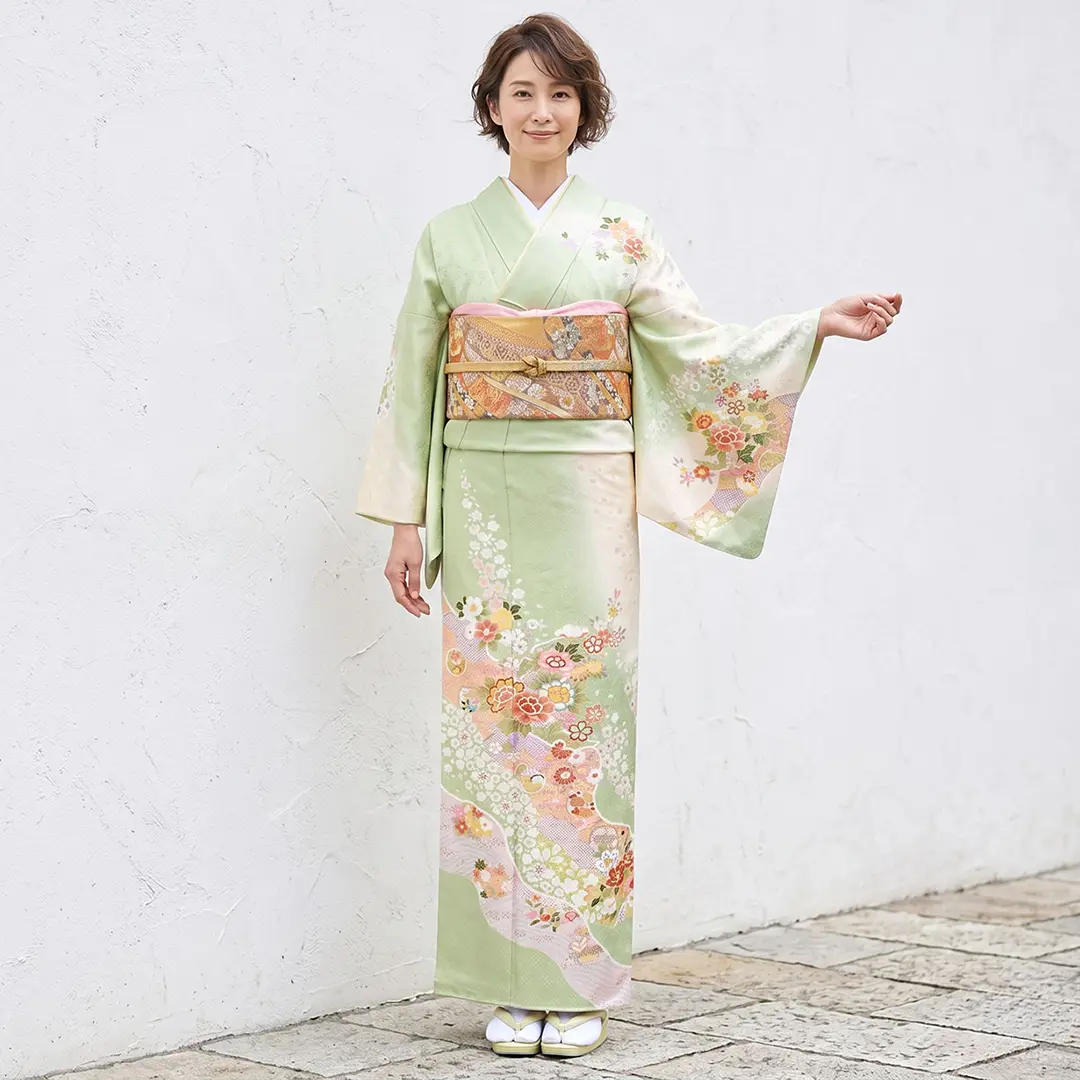 鶯色に四季花の訪問着(袷) | 宅配着物レンタルの京都かしきもの