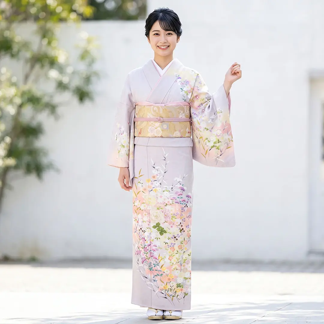 D645 訪問着　さが美　総刺繍　藤の花　正絹　着物　袷　極美品 藤色に菊と四季花の訪問着（袷） | 宅配着物レンタルの京都かしきもの