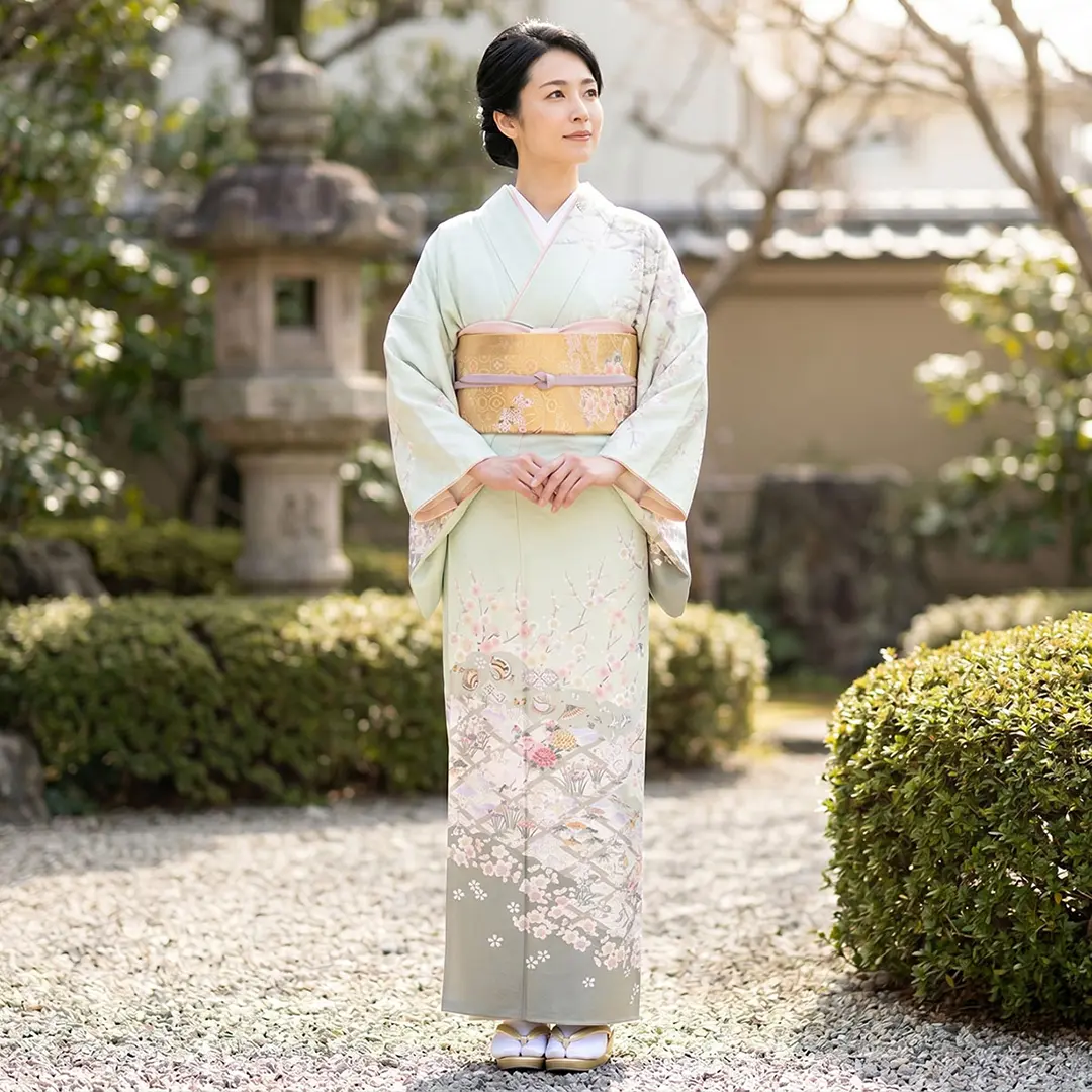 薄黄緑地に桜と四季花の訪問着（袷） | 宅配着物レンタルの京都かしきもの