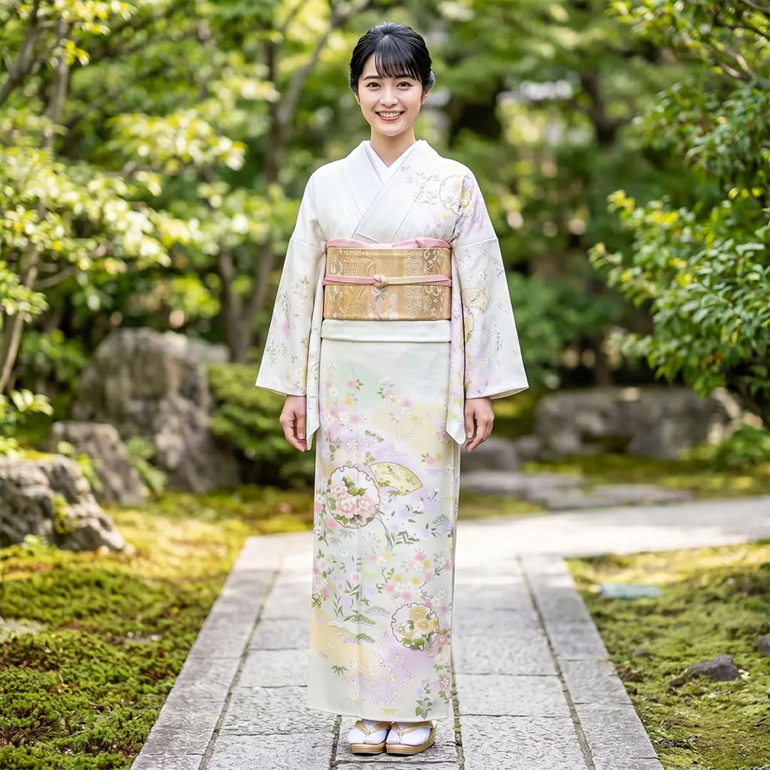 【結婚式のお呼ばれに】薄柳に雪輪と花扇の訪問着（袷）／着用イメージ