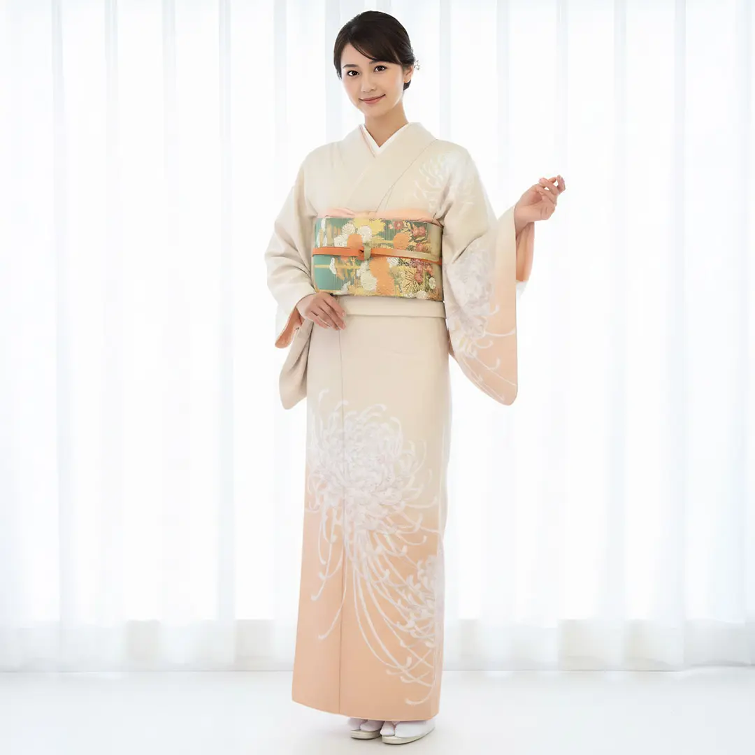 ピンクベージュのぼかしに菊の付下訪問着（袷）（ポリエステル