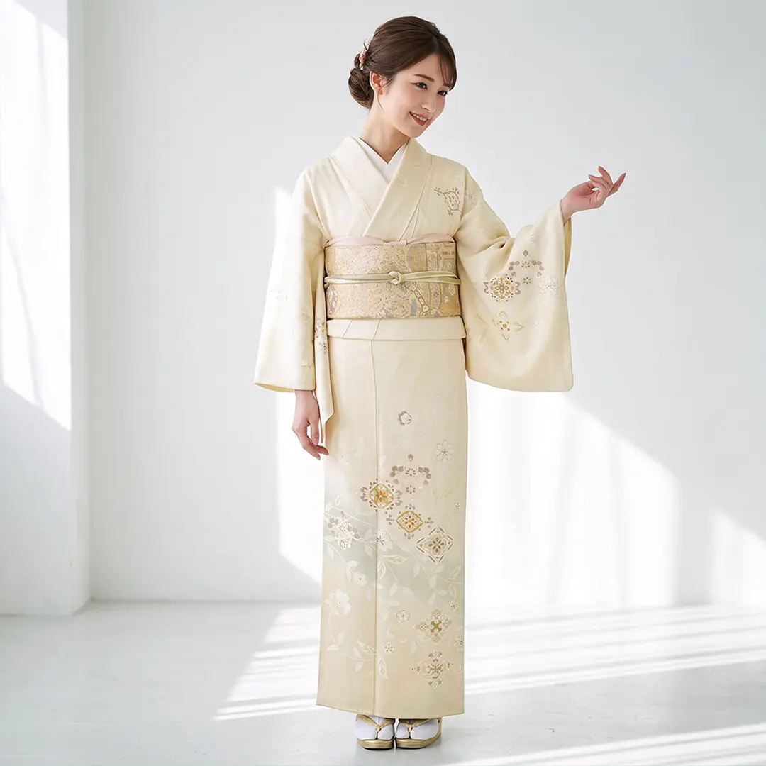 クリーム地に菱と花唐草文の訪問着／着用イメージ