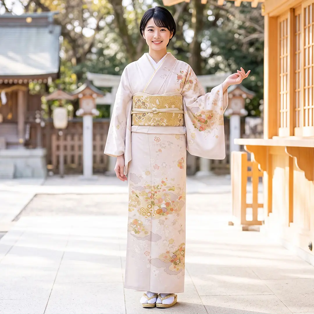 淡いピンク地に四季花と吉祥文様の訪問着