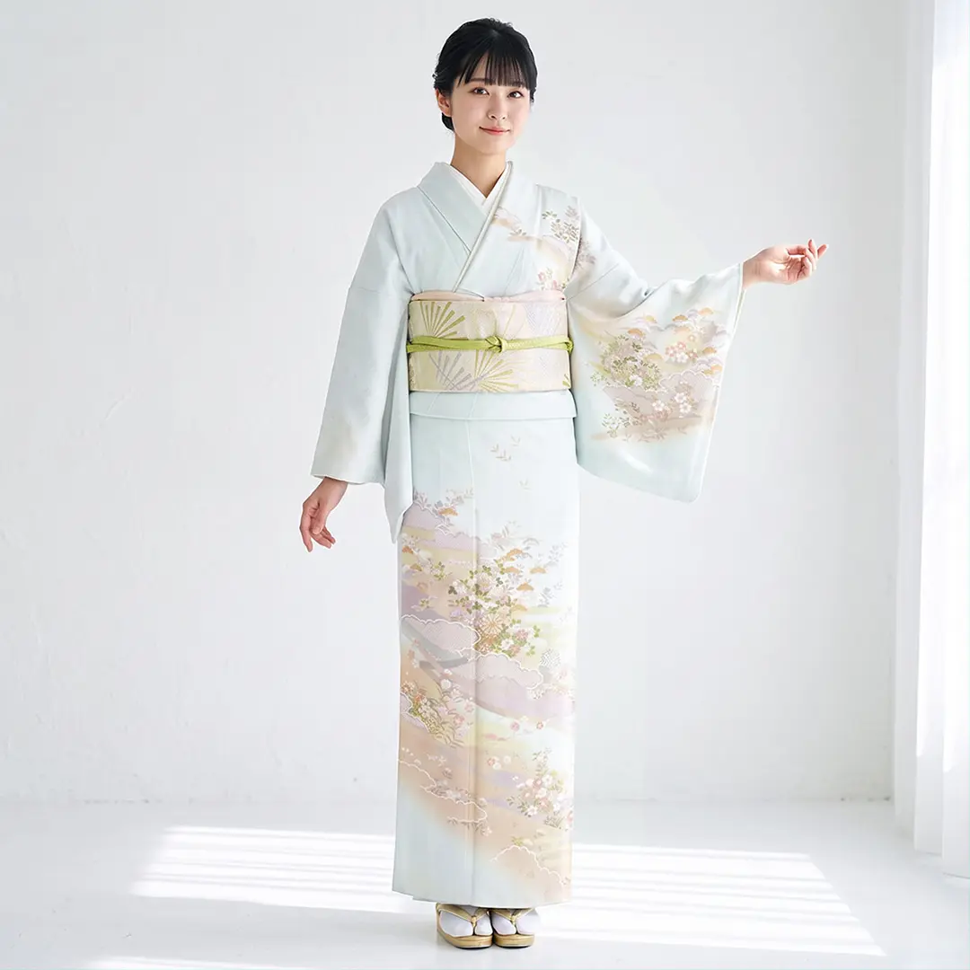 【2026年新作】薄い水色地にパステルの雲取りと花々の訪問着（ポリエステル）／着用イメージ