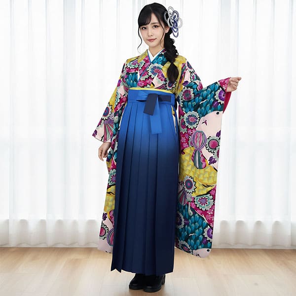 大正ロマンな孔雀の振袖・青袴（ぼかし） （振袖）／卒業式 | 宅配着物