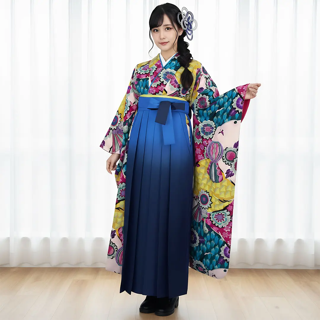 大正ロマンな孔雀の振袖・青袴（ぼかし） （振袖）／卒業式 | 宅配着物