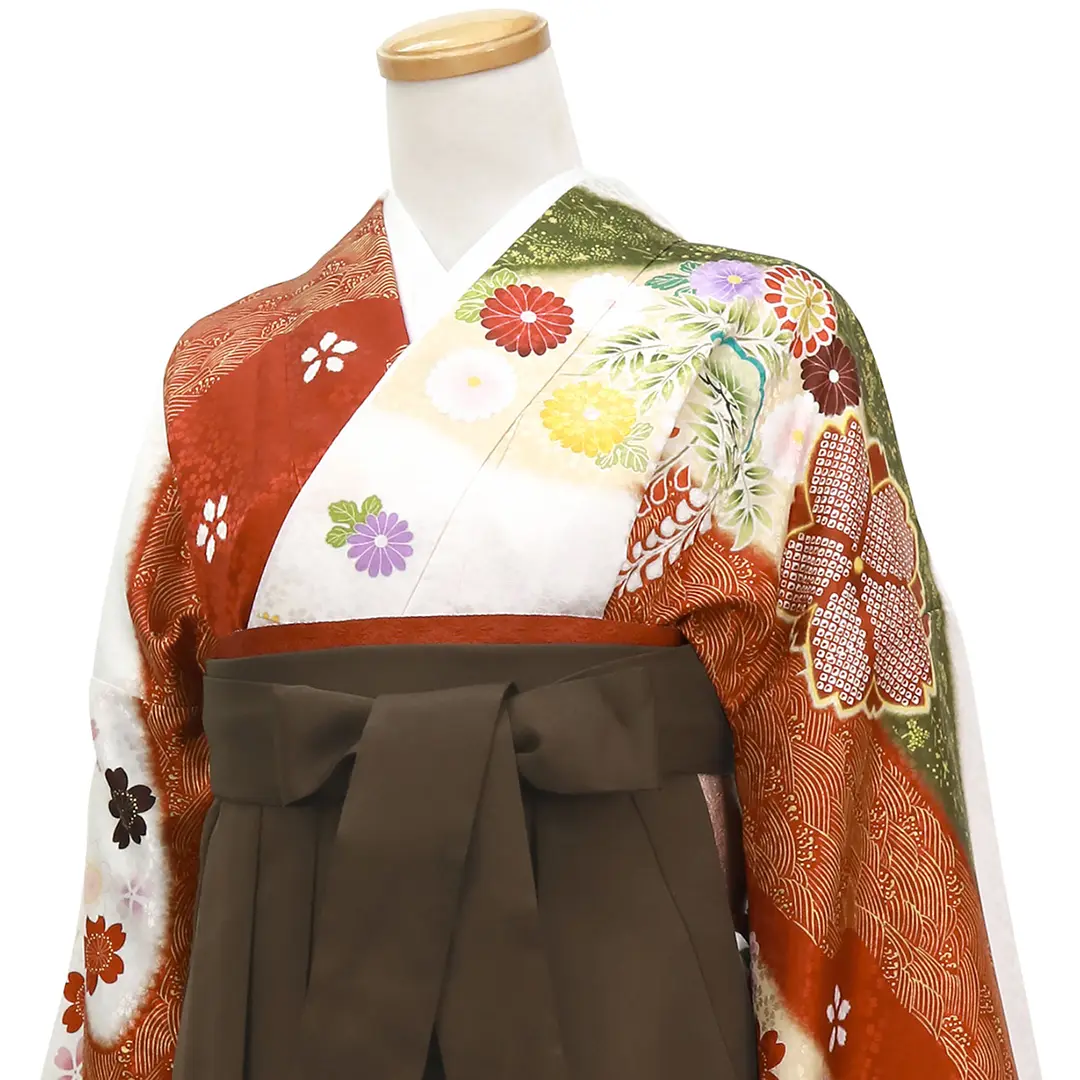 白地に雲取りの振袖・茶色袴（無地）（振袖）／斜め詳細