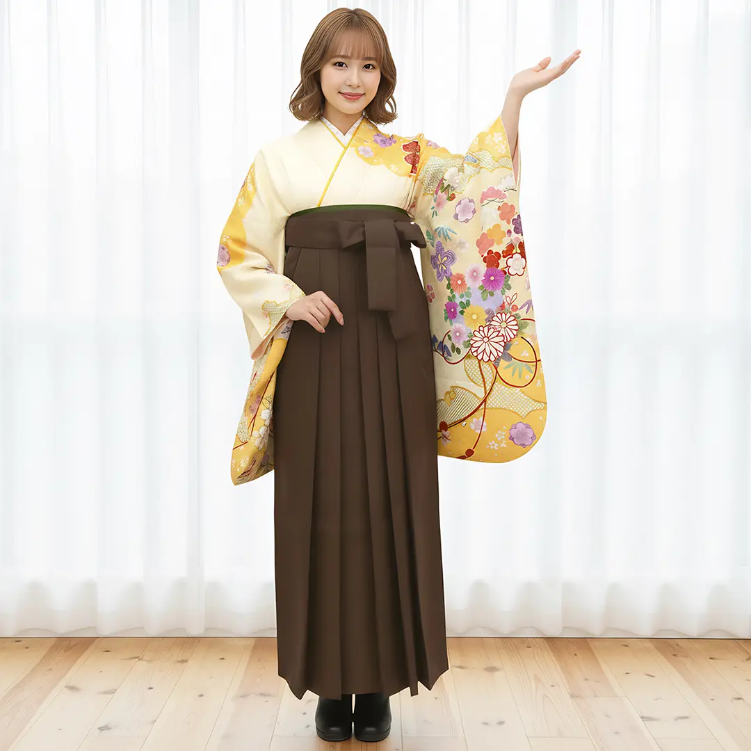 黄色地に花尽くし・茶色袴（無地）（二尺袖）／卒業式／着用イメージ