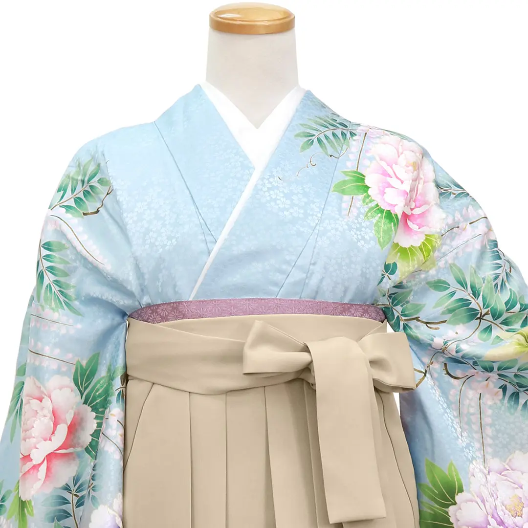 二尺袖 レース 着物 袴フルセット ショート丈 水色 袴変更可能 NO36279 卒業式袴セット レース着物 くすみカラーコーデ 二尺袖 ショート丈着物