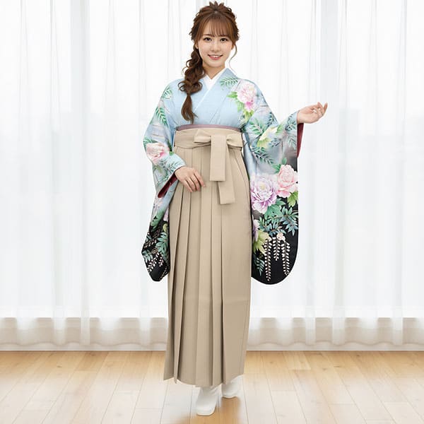 水色に牡丹に藤・グレージュ袴（無地） （二尺袖）／卒業式 | 宅配着物