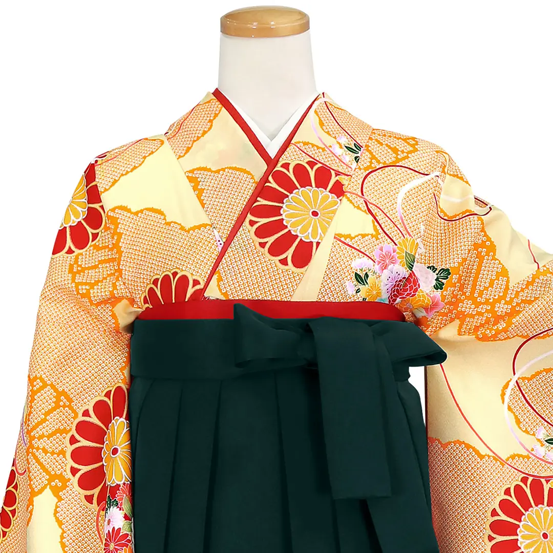 イエローに薬玉・深緑袴（無地） （二尺袖）／卒業式 | 宅配着物