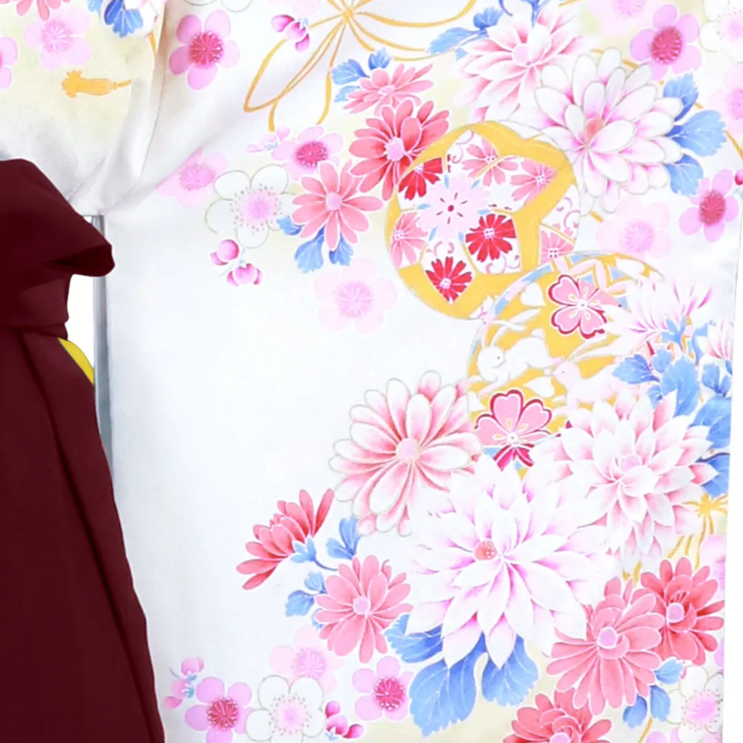 白地にうさぎ・臙脂袴（刺繍）（小学生）／卒業式／柄詳細